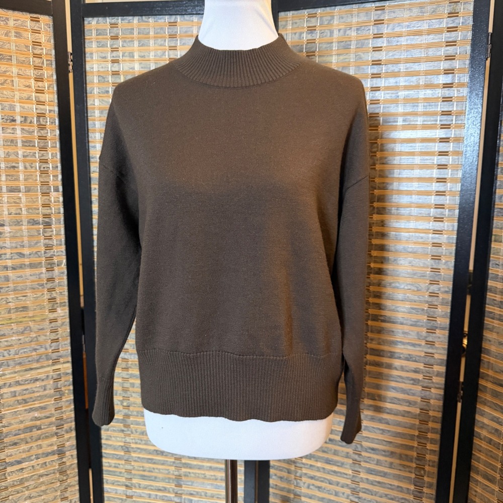 I AM STUDIO Mock Neck Sweater Women S Brown Merino Wool Blend Drop Shoulder